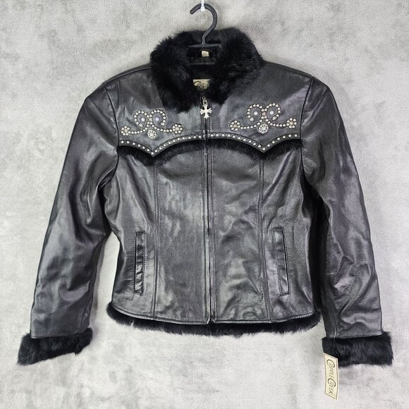 Womens Black Cripple Creek Studded Leather Jacket w/ Faux Fur Full Zip Size L - Picture 2 of 13
